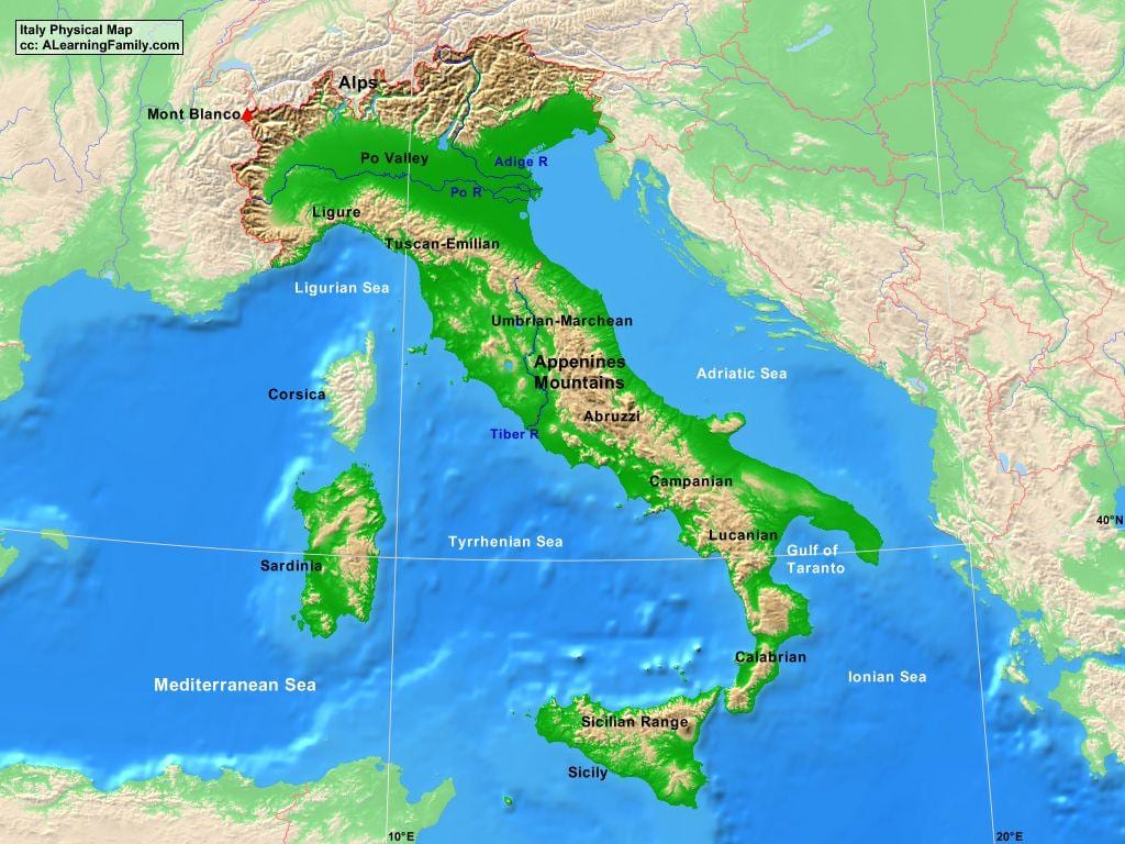mapa Itálie hory