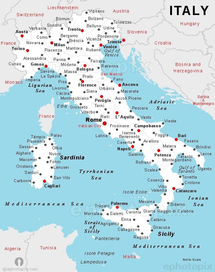 mapa Itálie s názvy měst