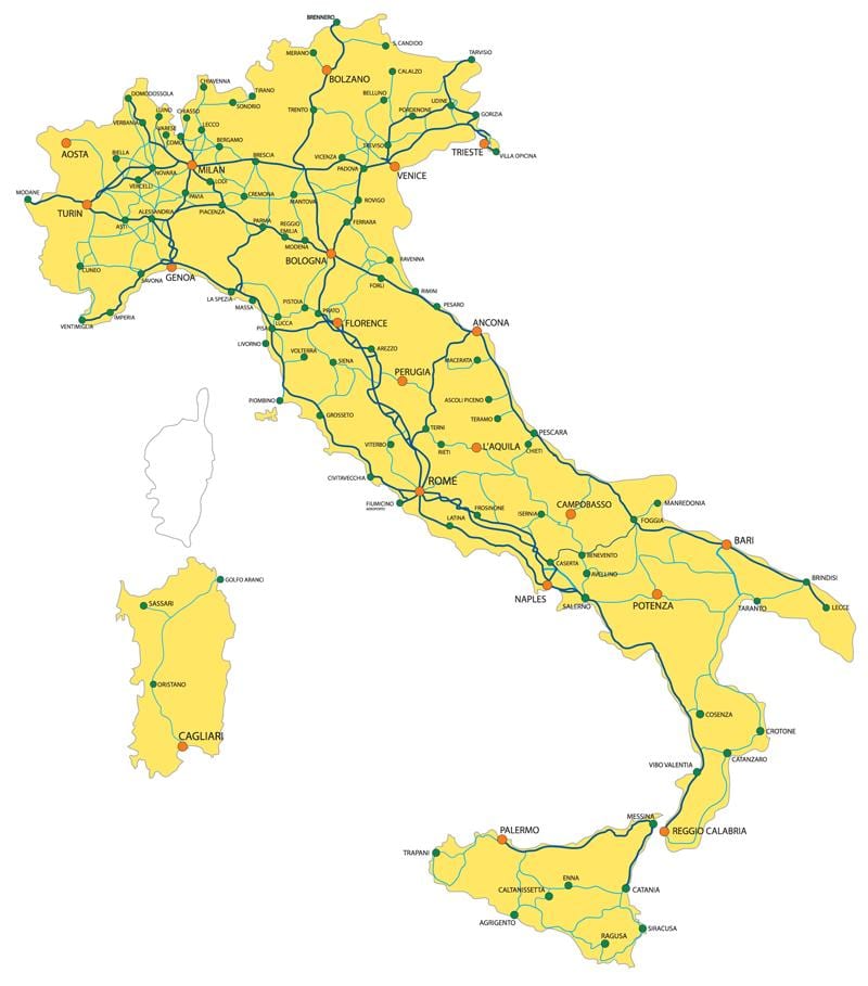 Itálie železniční systém mapě