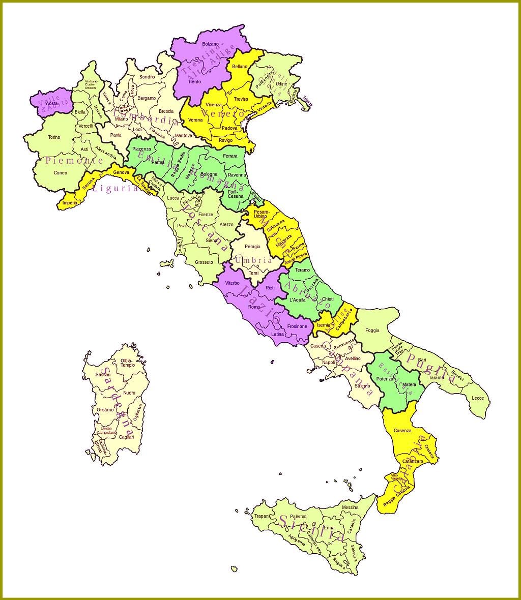 Itálie mapa regionů, provincií