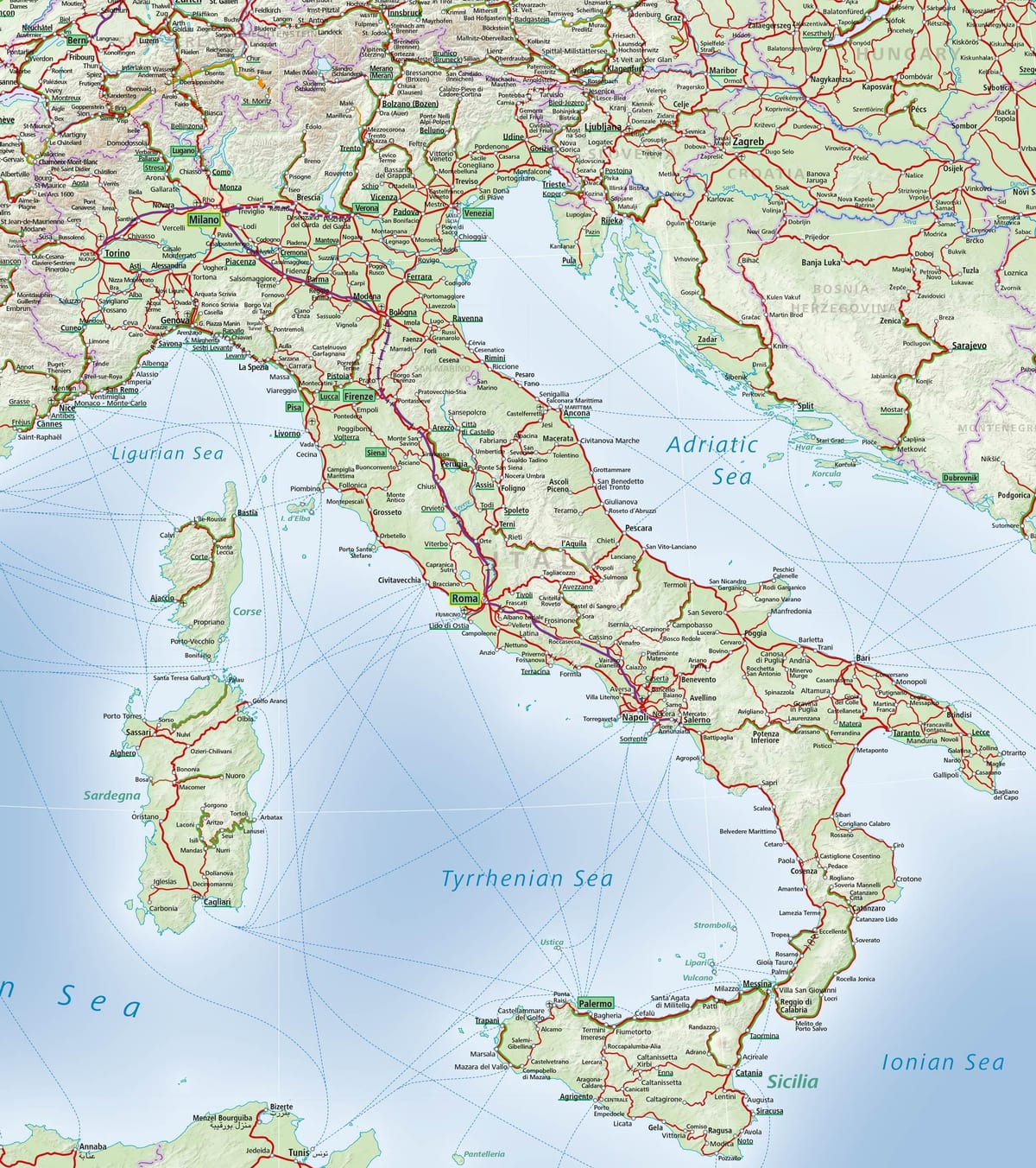 Itálie, železniční mapa systému