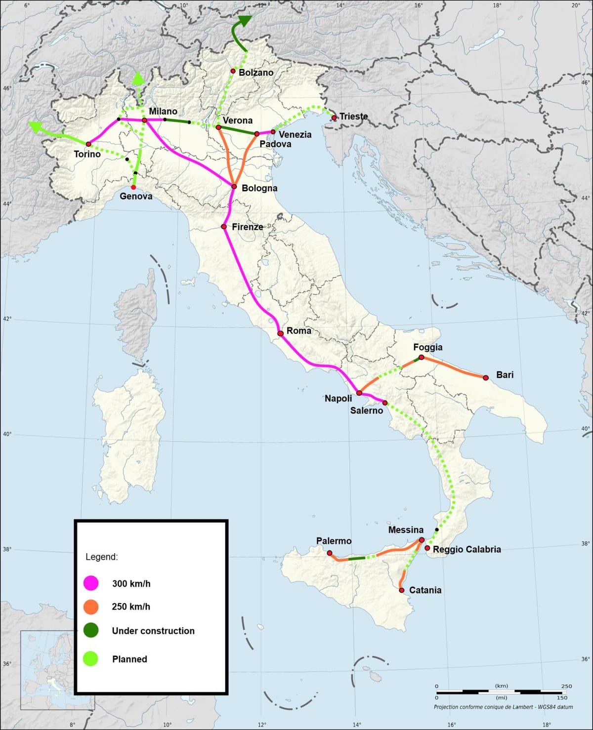 Itálie vysokorychlostní železniční mapě