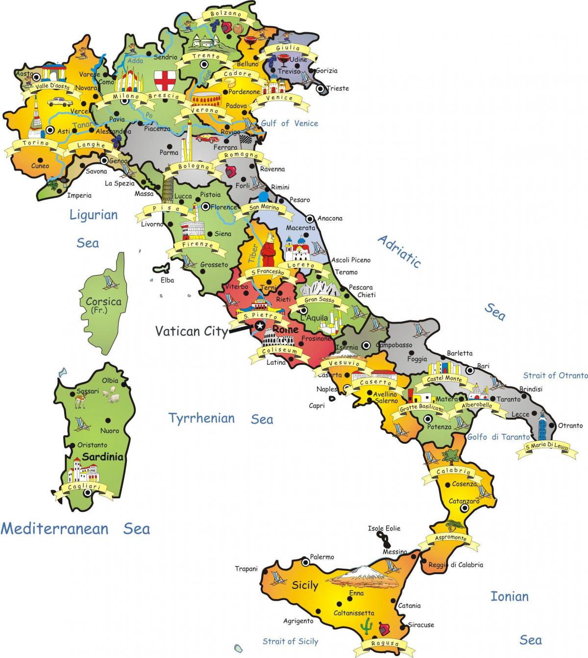 Itálie cestovní ruch mapě
