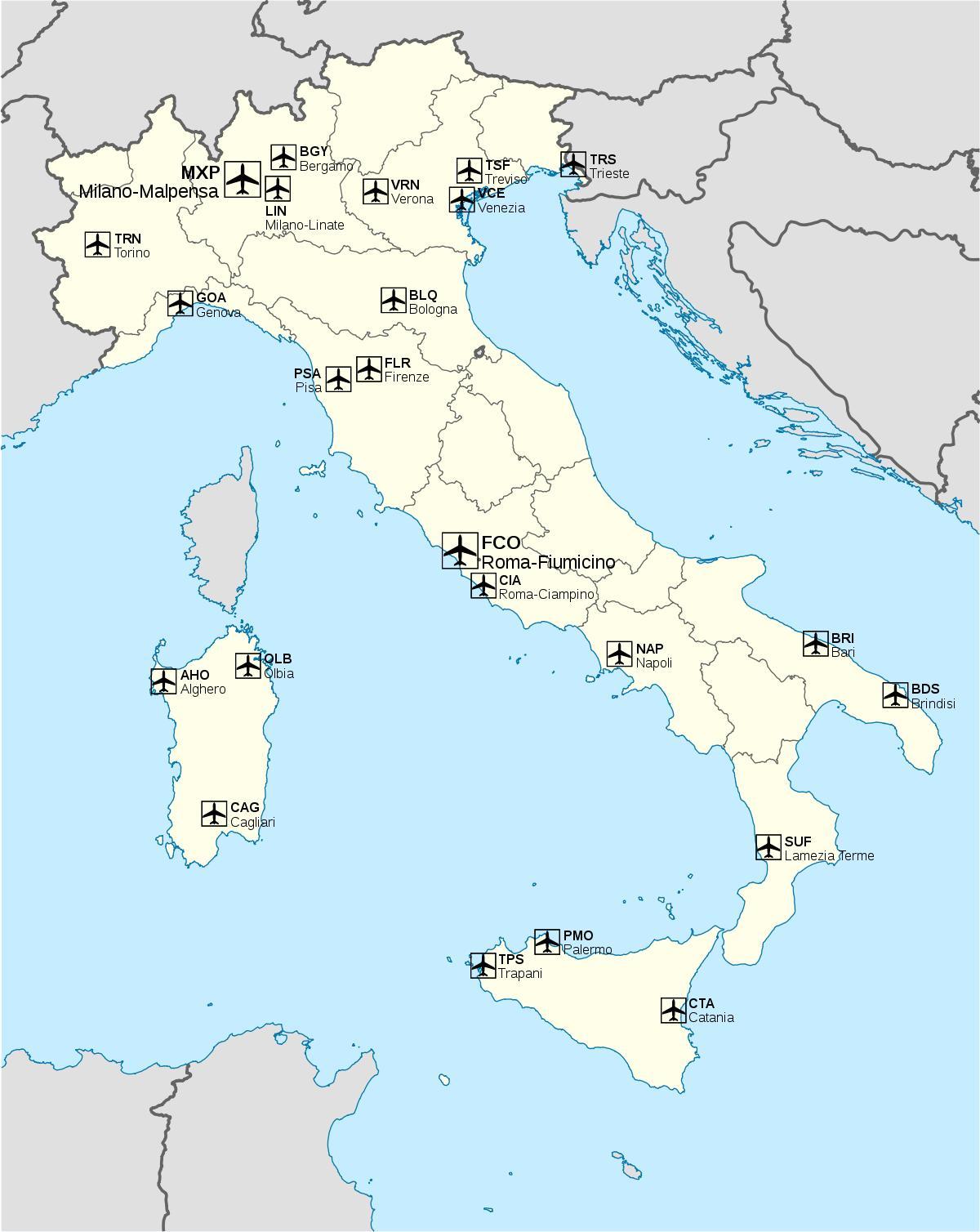 mezinárodní letiště v Itálii mapě