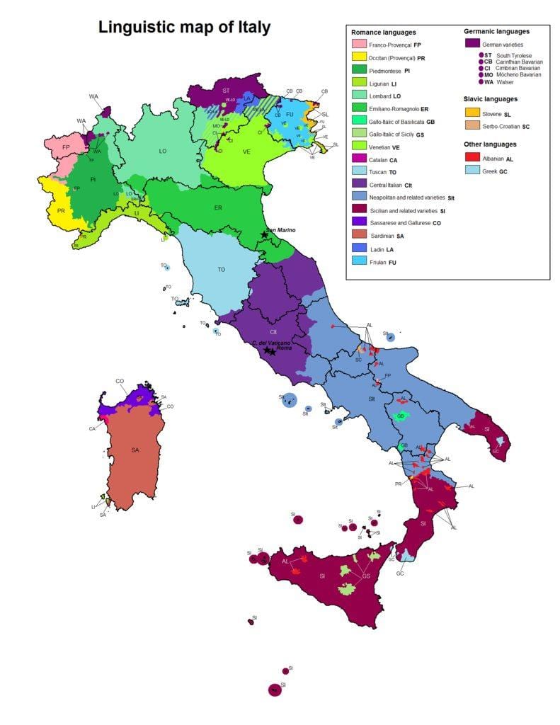 mapa Itálie jazykové