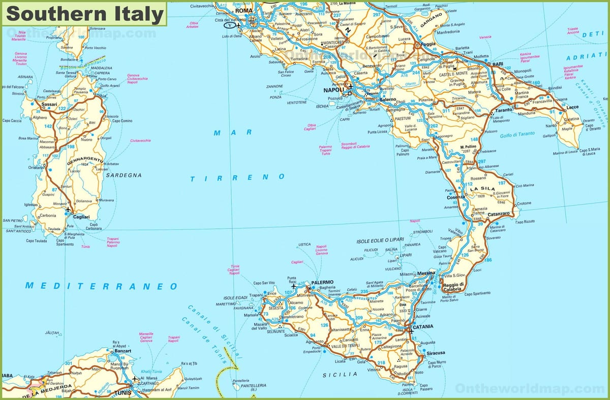 silniční mapa jižní Itálie