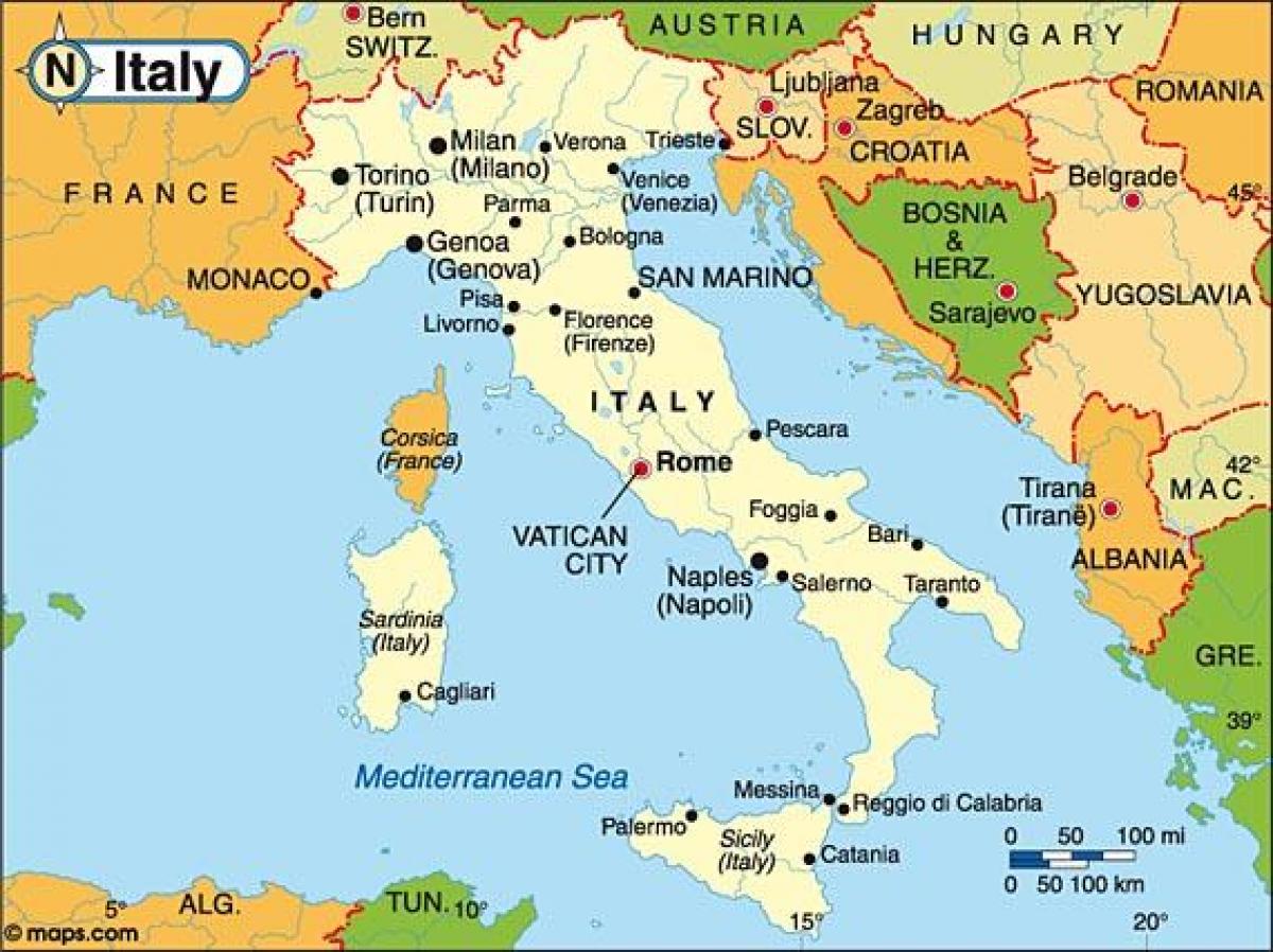mapa Itálie a sousedních zemí