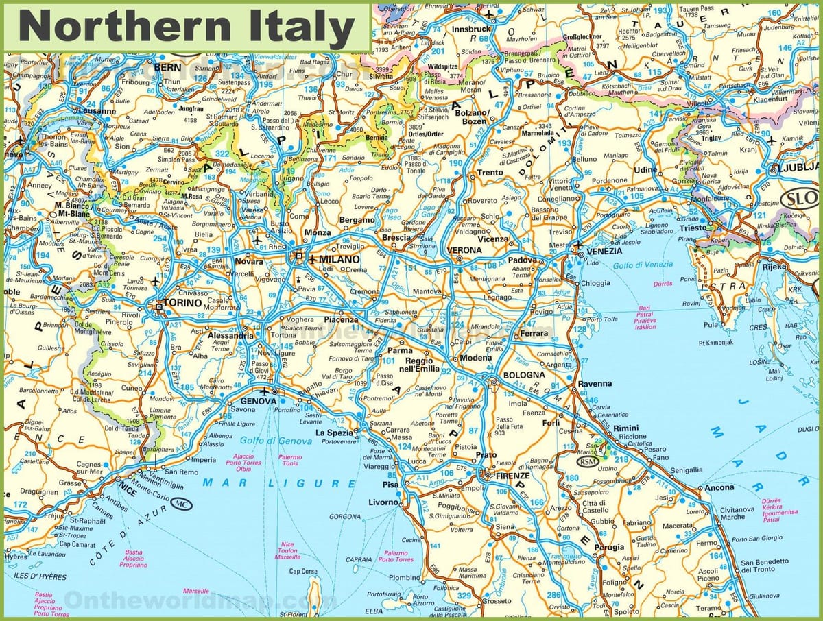 podrobná mapa severní Itálie