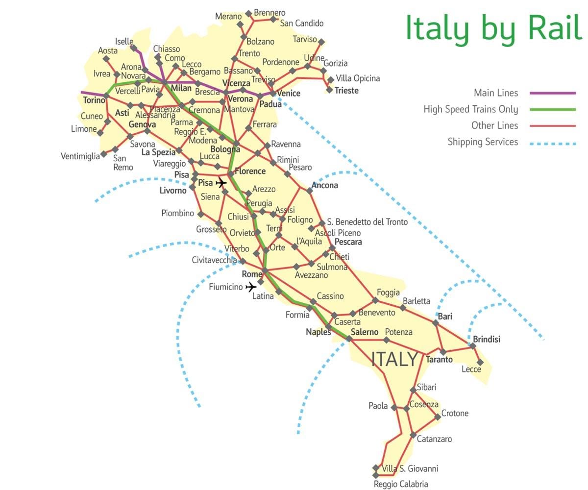 mapa severní Itálie vlakové cesty