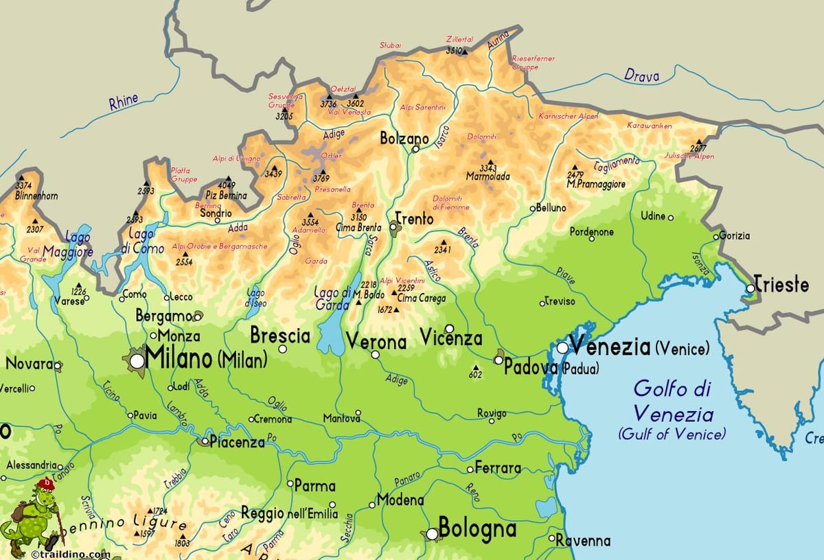 mapa severovýchodní Itálie