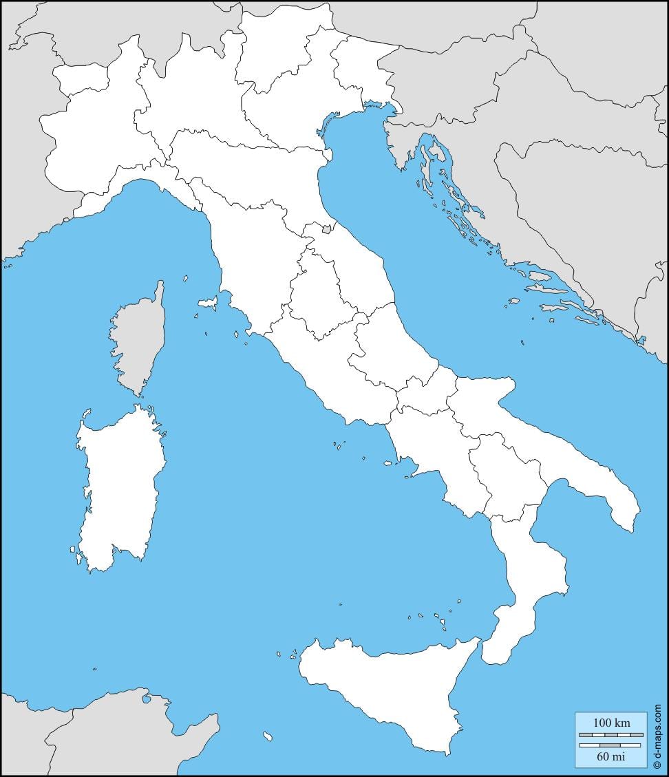 slepá mapa Itálie s regiony