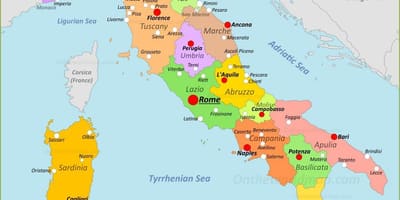 Itálie mapa s městy a regiony