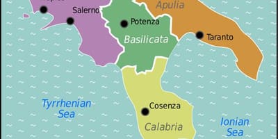 Mapa jižní Itálie s městy
